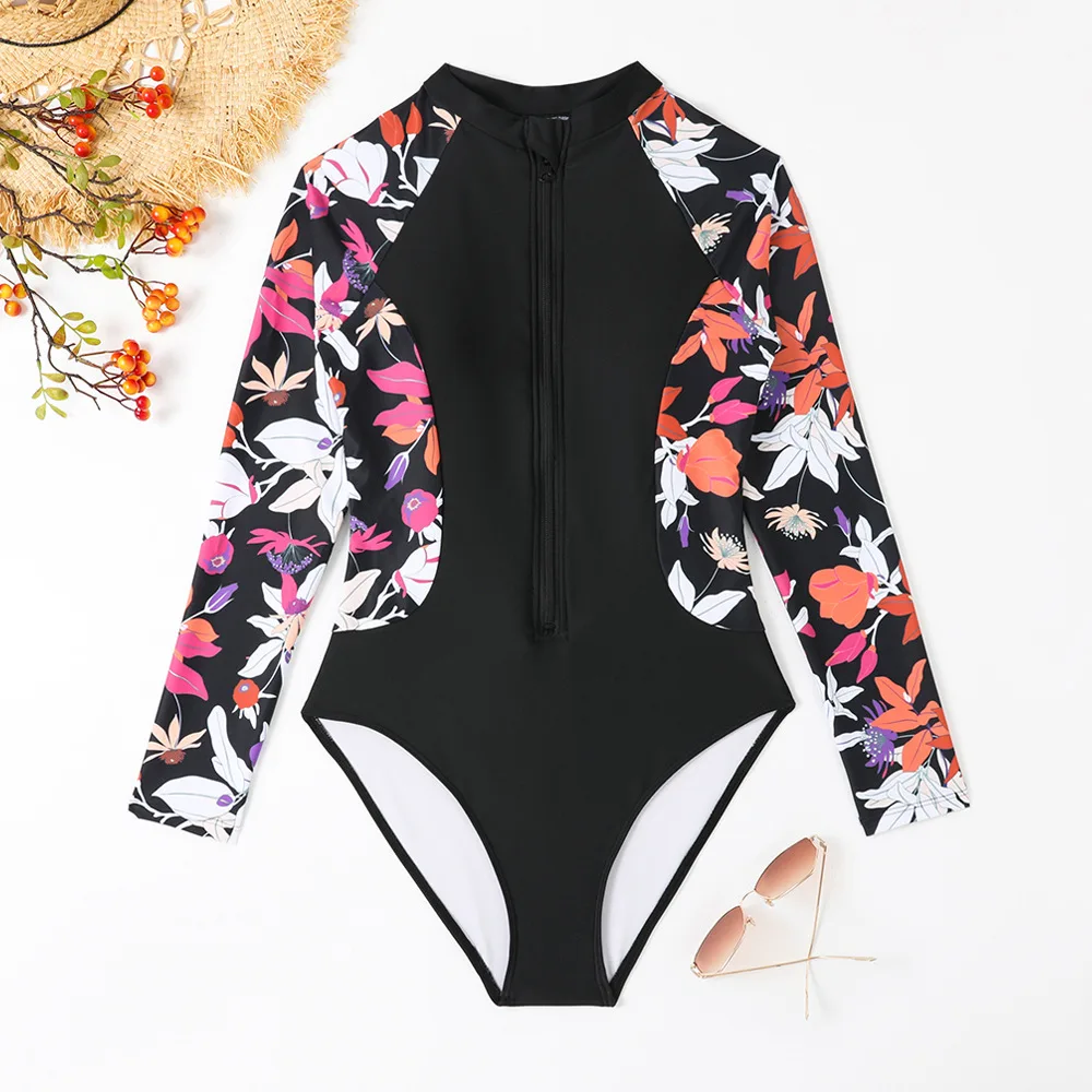 Long Sleeve Swimsuit Surfing Zipper Bodysuit Swimwear Women One Piece Rashguard Beach Wear Swimming Suit Monokini Bath Suit