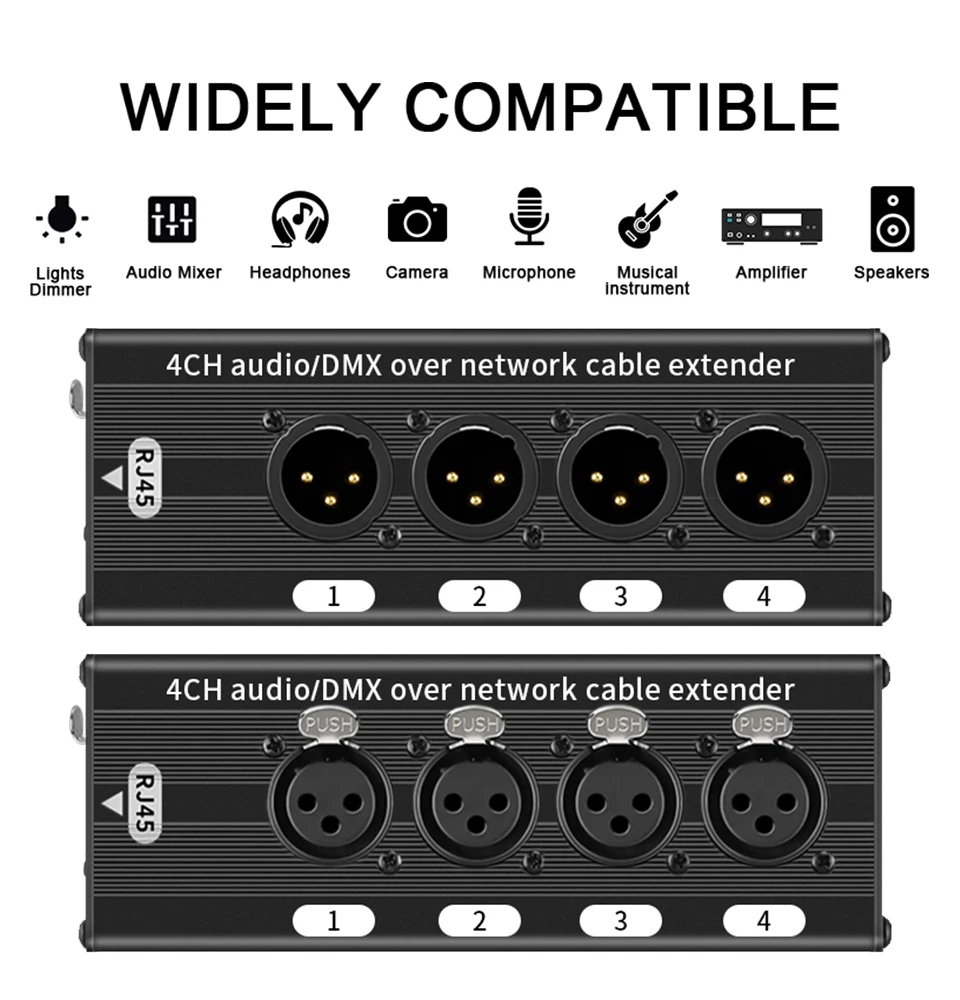 1쌍 4채널 3핀 XLR 또는 6.3mm 오디오 및 DMX 네트워크 케이블 연장기, DMX512 네트워크 신호 연장기(수+암)