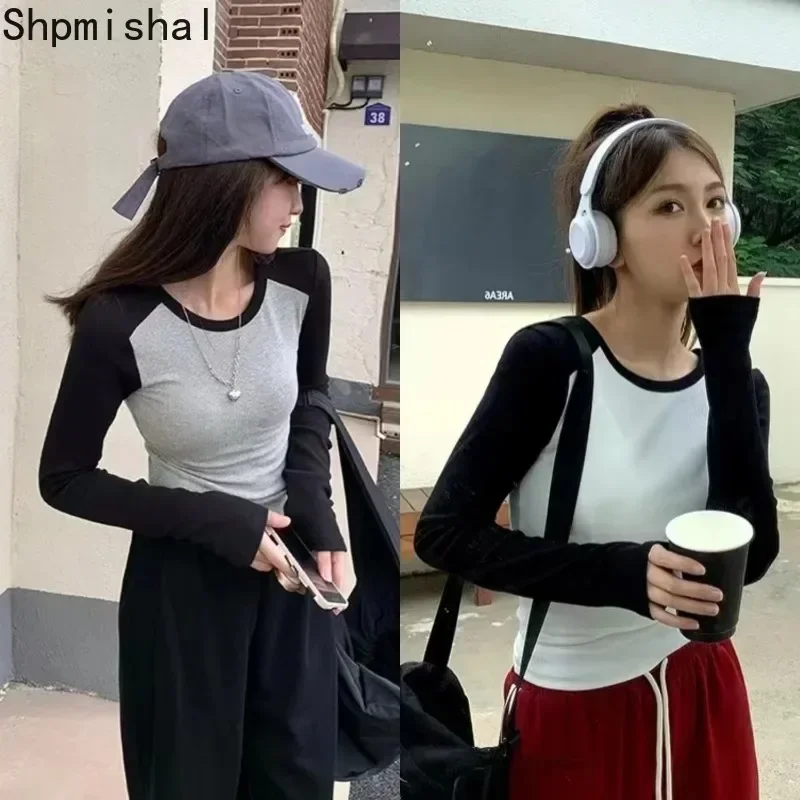 

Miiiix Spicy Girl Shoulder Long Sleeved T-shirt Women's Summer American Contrasting Color Design T-shirt Slim Fit Short Top