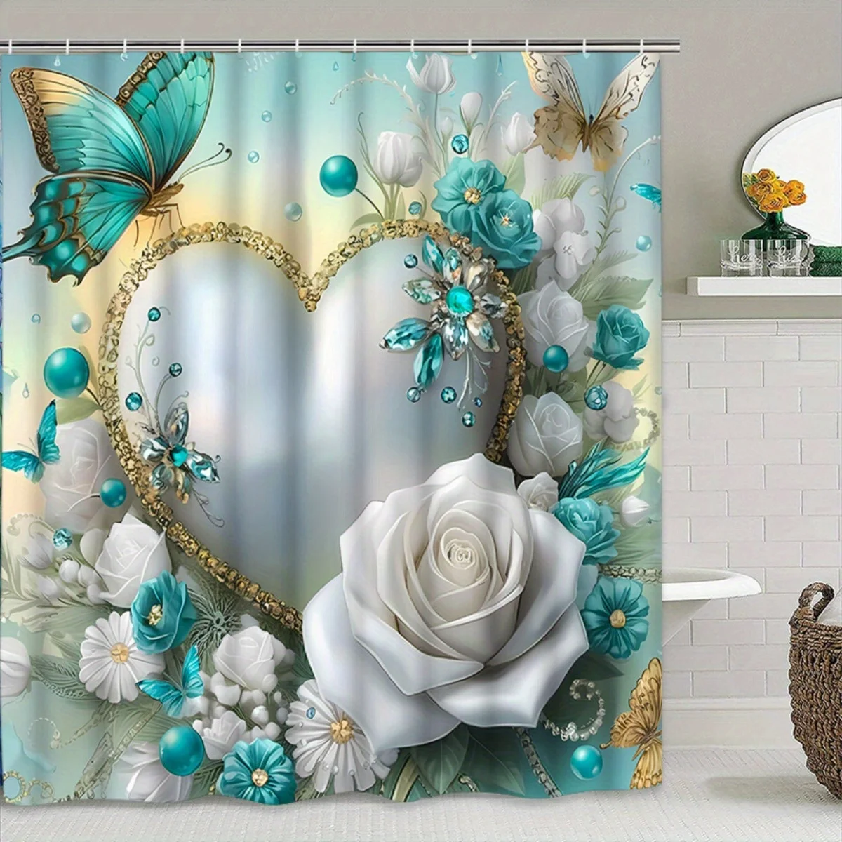 Zestaw zasłon prysznicowych z białymi różami i diamentowymi sercami (1 lub 4 elementy) - Dekoracja łazienki z motywem motyli i kwiatów - Zmywalna zasłona i dywaniki z tkaniny.