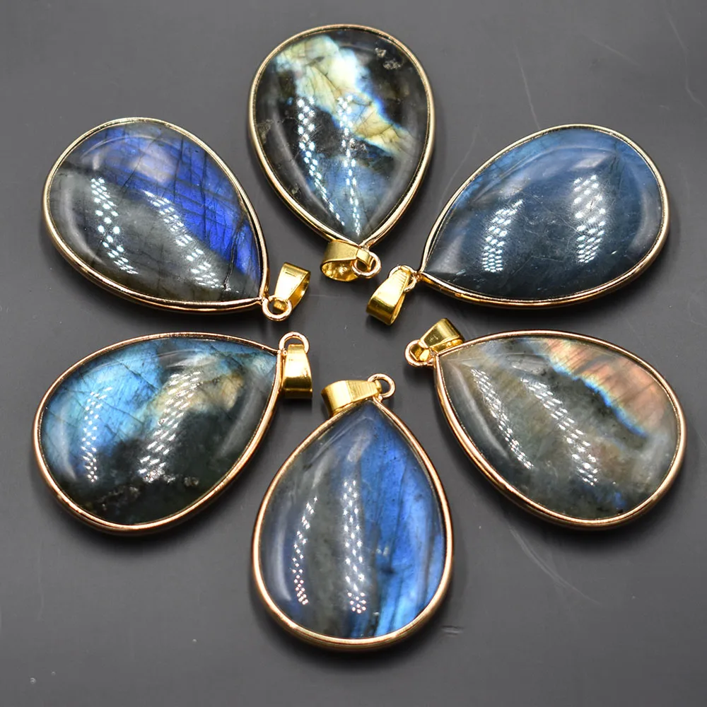 

Fashion Good quality natural labradorite stone segment water drop gold color connector accessories pendant 6pcs/lot wholesale