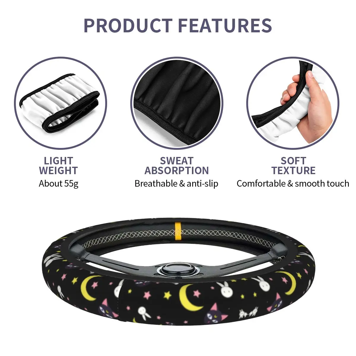 Cute Sailor Artemis Moons Anime Steering Wheel Cover Luna Usagi Tsukino Steering Wheel Protector Fit 37-38cm Car Accessories Steering Wheel Cover