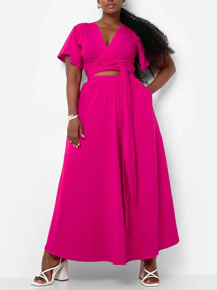 Wmstar Plus Size Two Piece Dress Sets Wholesale Flared Sleeve Sexy V Neck Top and Maxi Big Swing Skirts Dropshipping Summer