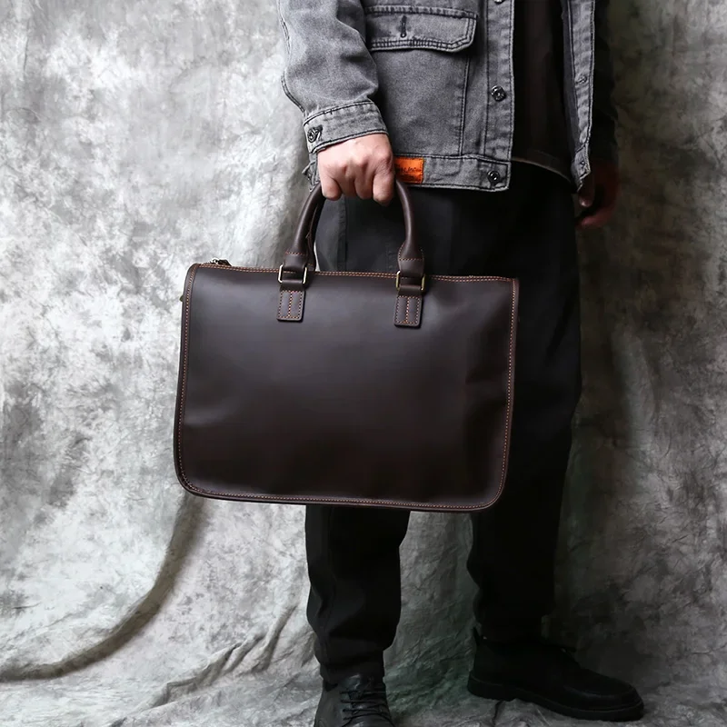NZPJ Vintage Genuine Leather Men Briefcase Natural Top Layer Cowhide Handbag Leisure Business Laptop Bag Shoulder Messenger Bag