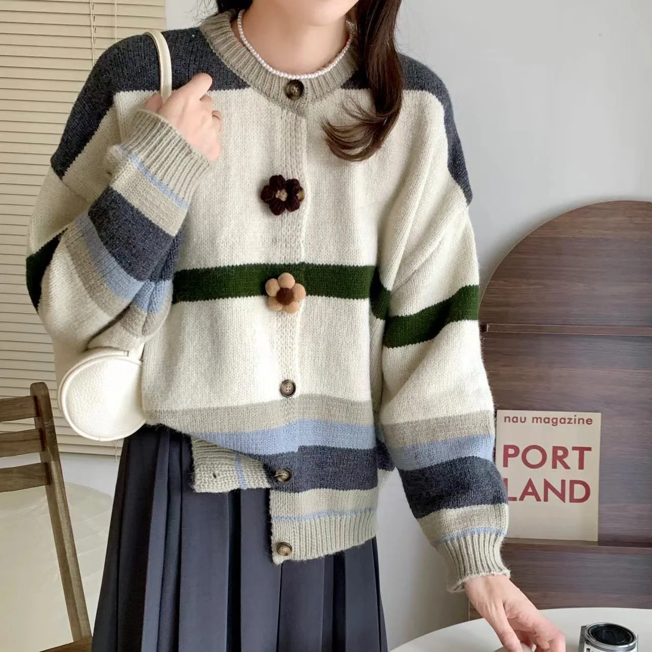 Hsa Knitted cardigan sweater pink mink sweater coat women cardigan autumn  thickene new loose Peachniche design cropped cardig