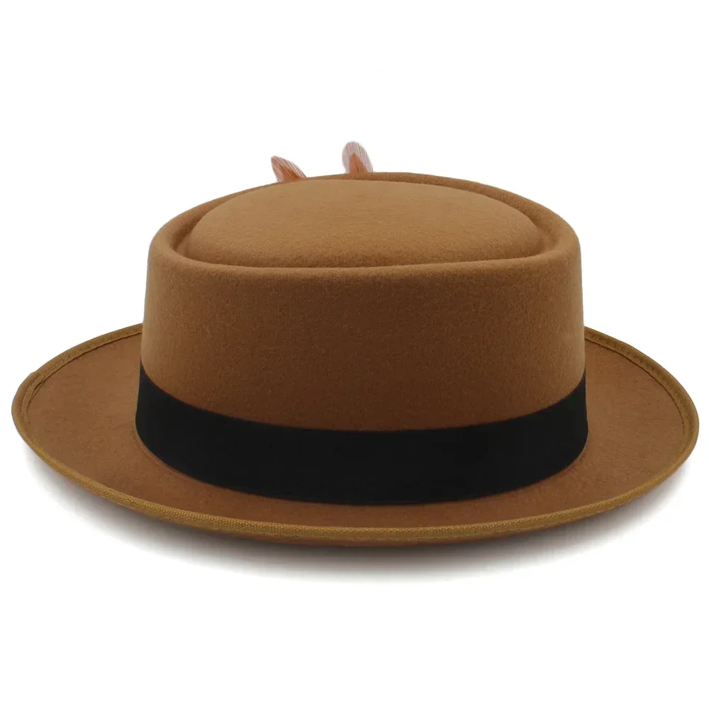 Männer Frauen Woolen Feather Band Pork Pie Hüte Retro Fedora Trilby Sonnenhut Street Style Caps Party Reisen Outdoor Größe US 7 1/4 UK L – Detail 6