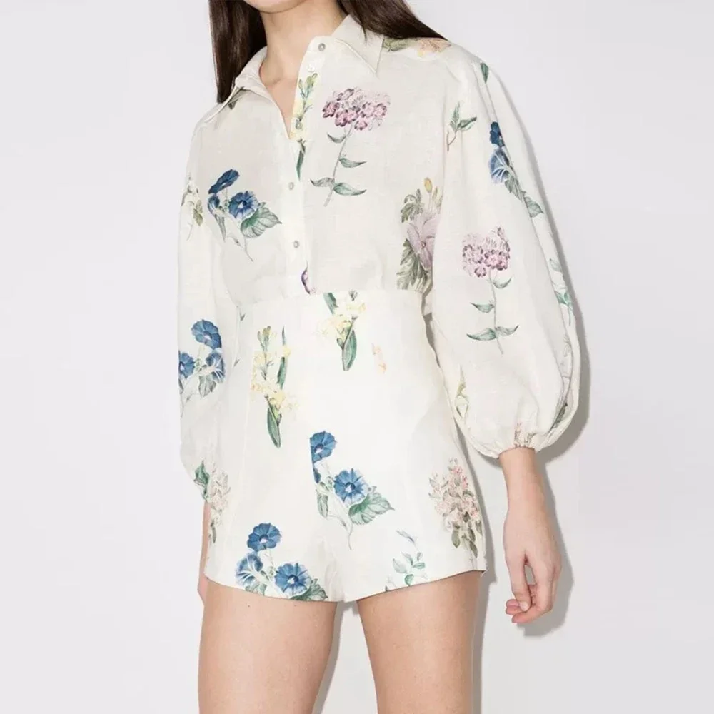 2023 Autumn Women Fashion Printing Puff Sleeve Long Sleeve Shirt High Waist Shorts Set Retro Floral Two-Piece Set Famale