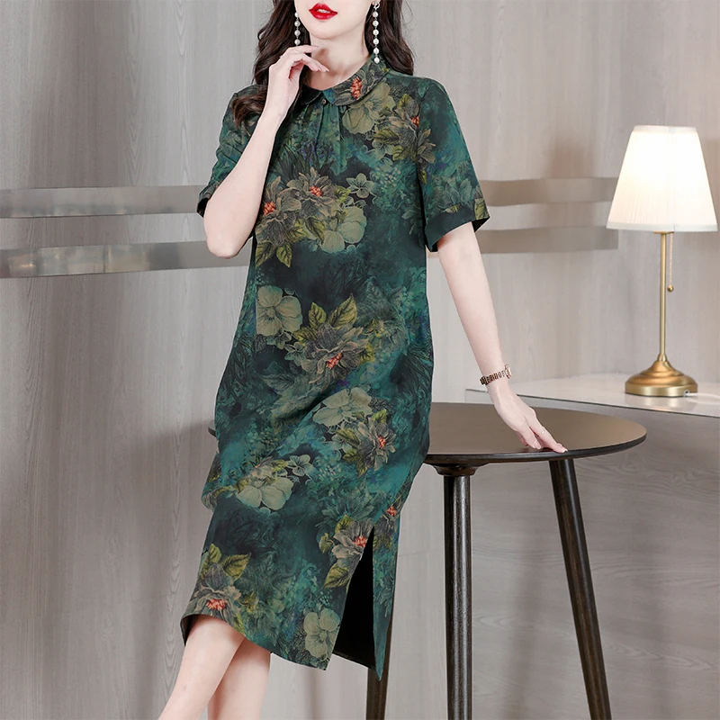 

Women New Floral Silk Shory Sleeve Midi Dress Autumn Elegant Bodycon Party Vestidos Korean Vintage Elegant Dress