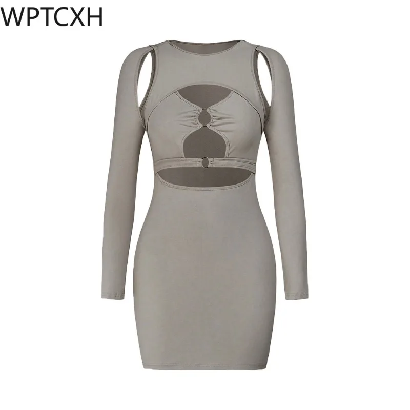 

2024 Spring New Sense of Design Long Sleeve Oneck Sexy Spice Girl Front Hollow Ring Milk Silk Slim-fit Buttock Wrap Dress