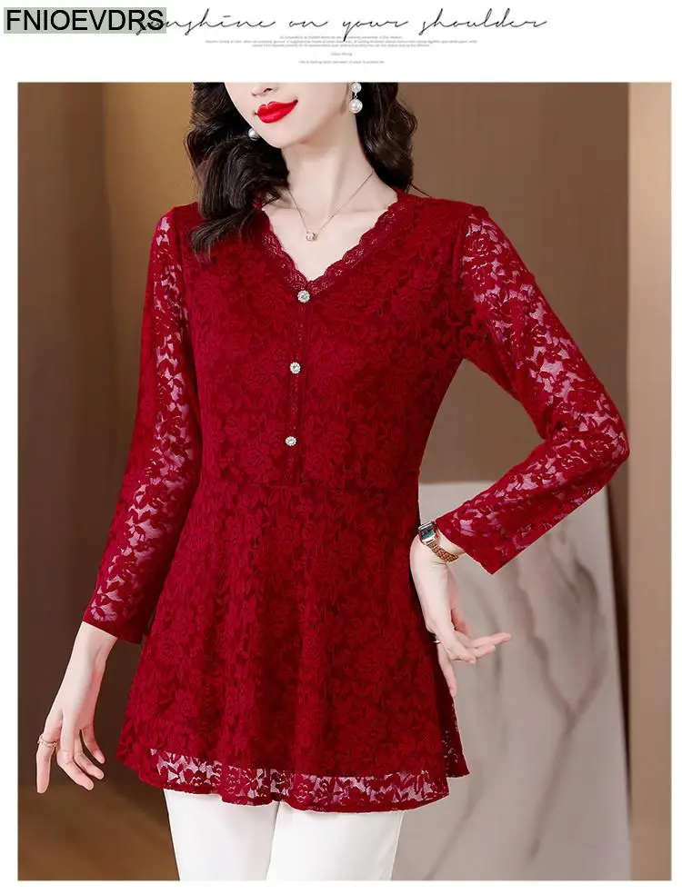 M-4XL 2023 Women Hot Sales Elegant Office Lady Work Button Black Lace Shirt Casual Belly A Line Tunic Peplum Tops And Blouses