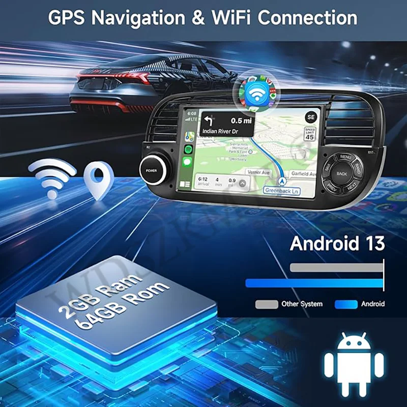 Android 13 Wireless CarPlay for Apple 2Din Auto Radio for FIAT 500 Abarth 2007 2008 2009-2015 Multimedia Screen Stereo GPS BT