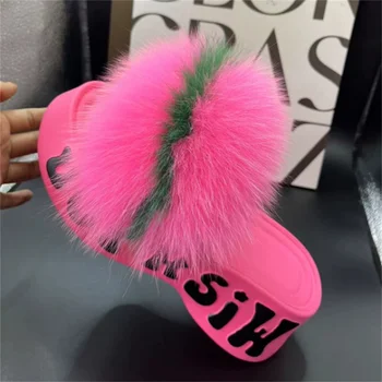 New Summer Women's Slippers Sandals Real Fox Fur Shoes For Woman Thick Bottom Slides Flip Flop Non-Slip Beach Heeled Slippers