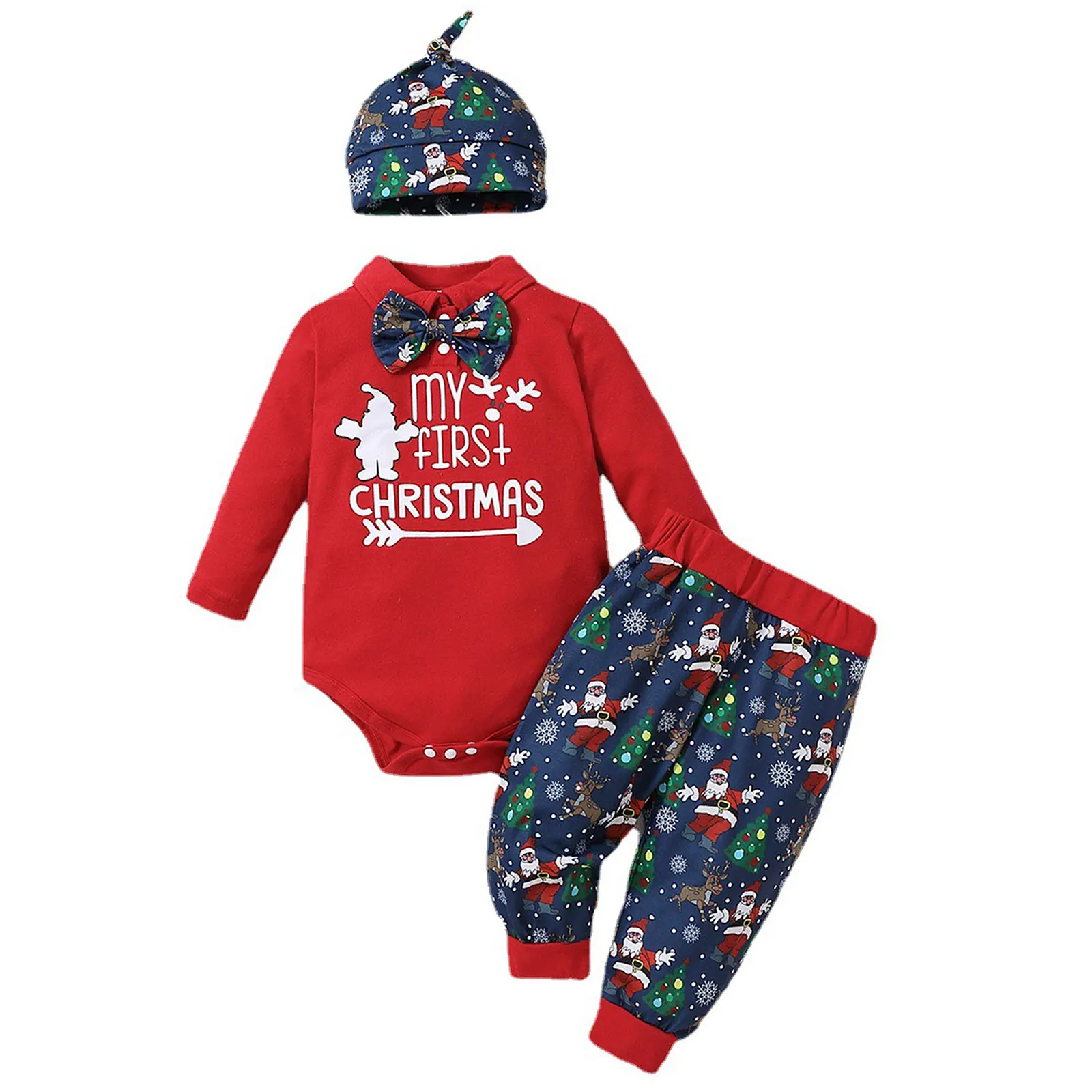 

Toddlers Baby Boys Christmas Costume Santa Claus Xmas New Year Party Outfits Long Sleeve Print Romper Bodysuit with Pants Hat