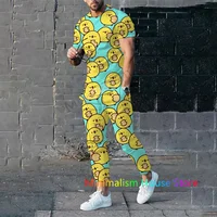 2 Piece Set Outfits Summer Tracksuit For Men Trousers Yellow Duck Print Short Sleeve T Shirt+Long Pants Casual Suit Male Clothes 2