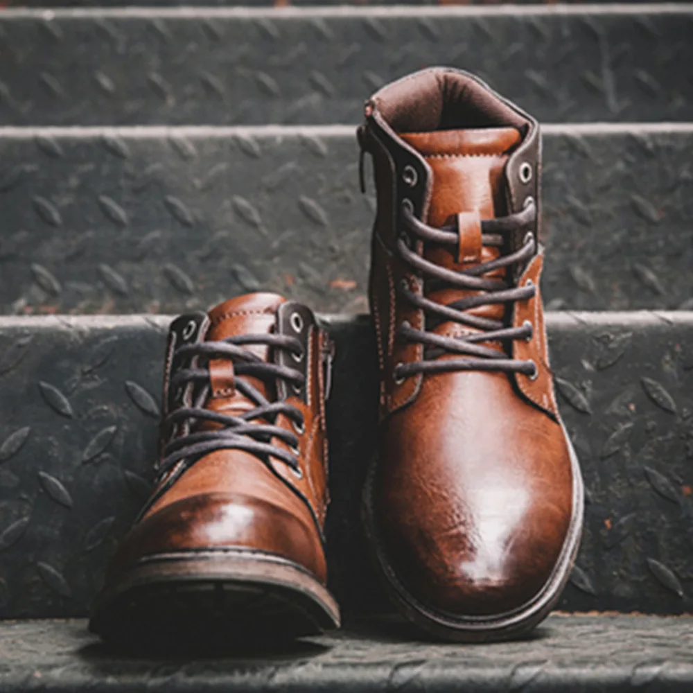 Fashion Retro Ankle Leather Men Boots High-Top Side Zipper Tooling Black Brown Boots Classic Outdoor Non-slip Autumn Shoes