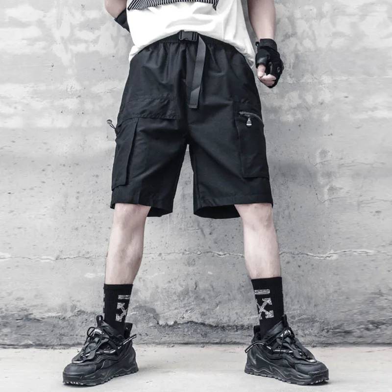 

Men's Straight Tube Solid Color Casual Cropped Pants Midpants Fashion Personalized Buckle Design Summer Dark Loose Overalls Shor