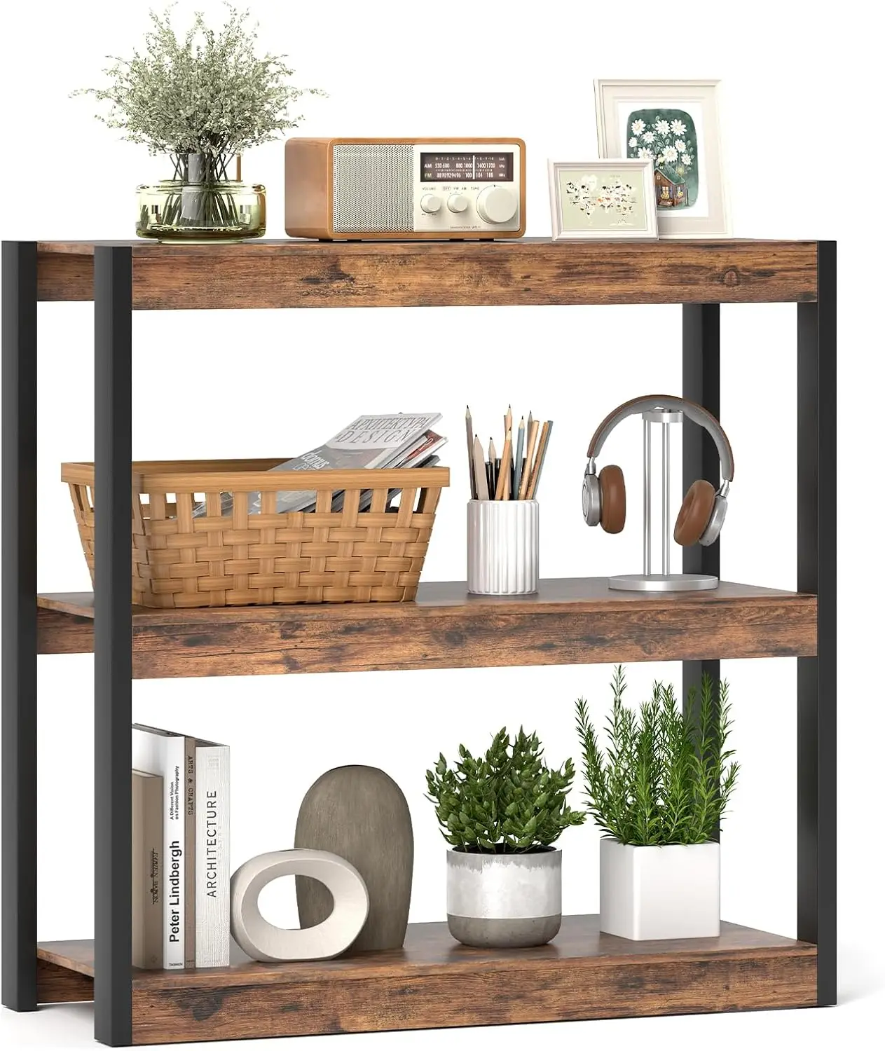 3 Tier Bookshelf, Freestanding Wooden Bookcase with Dual Anti-Tipping Kits, Open Display Rack Shelving Unit, Storage Organizer