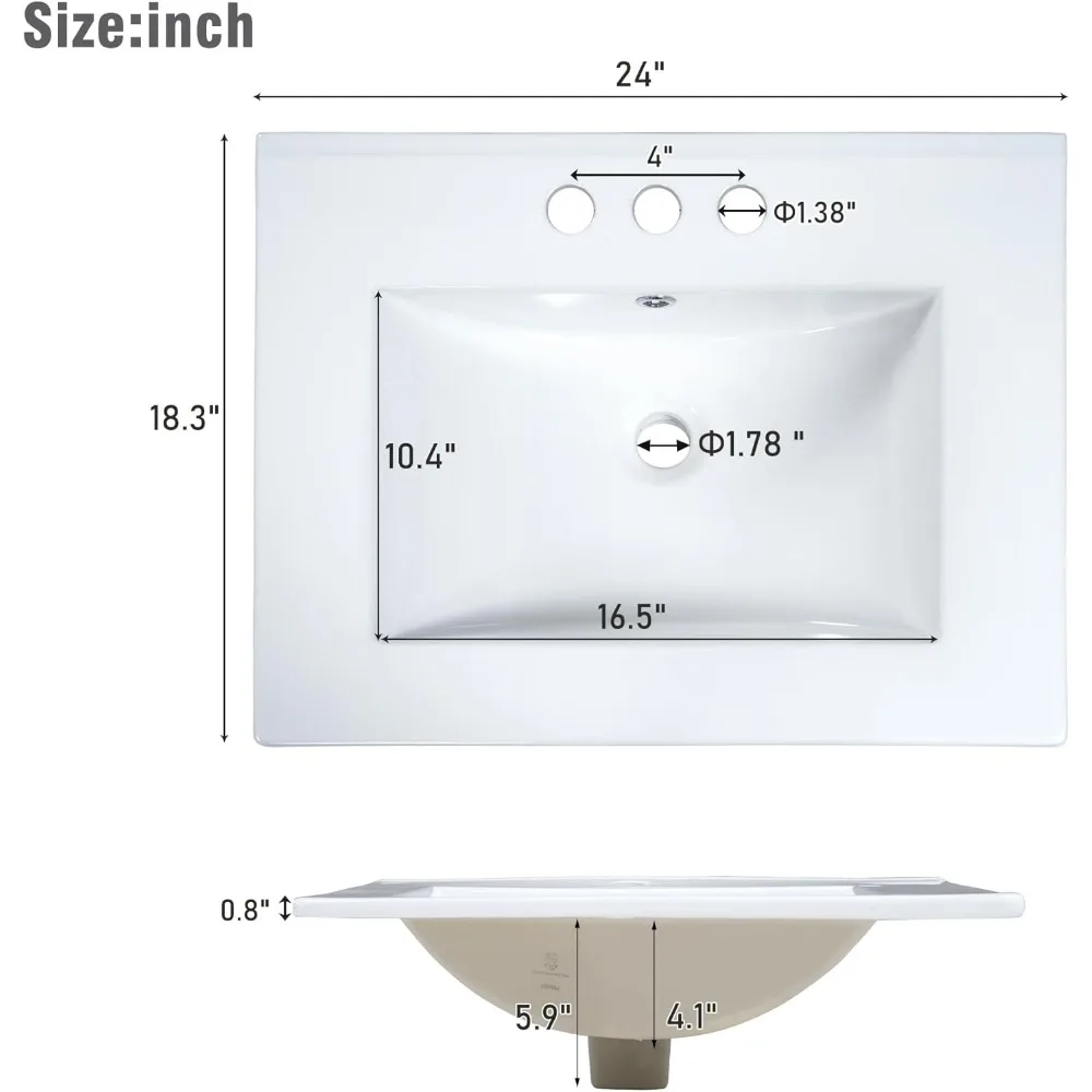 24 Inch Bathroom Sink, Standalone Single Basin Sink Set with Two Drawers and One Door, Modern Solid Wood Bathroom Cabinet 5