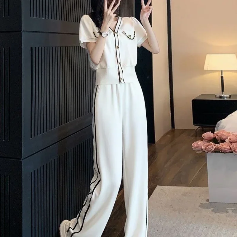 

Casual Tracksuit Short Sleeved Suit Women 2023 Summer Streetwear V Neck Single Breasted Tops+Elastic Waist Trousers 2 Piece Sets