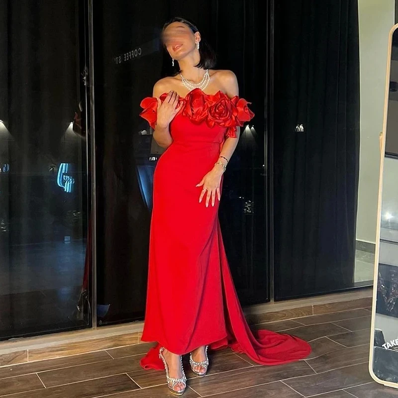 

Red Boat Neck Flower Pleat Evening Dresses for Women Sexy Mermaid Court Sleeveless Evening Gowns Custom Dubai Arab 2024 الزفاف