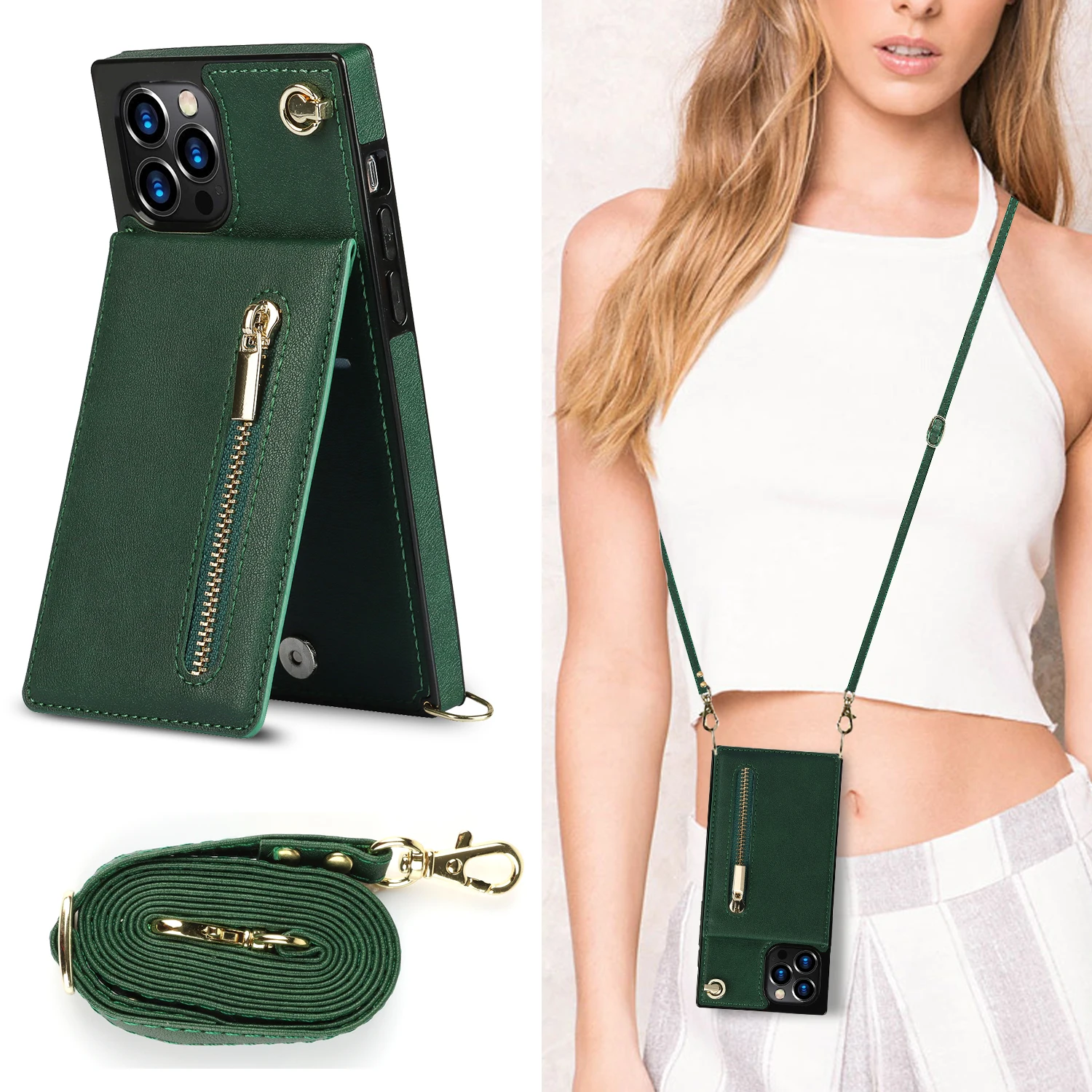  Luxury Crossbody Lanyard Card Holder Wallet Leather case for  iPhone 13 11 pro 12 pro max 14 14pro x xr xs 7 8plus Phone Bag,Green,for  iPhone X : Cell Phones & Accessories