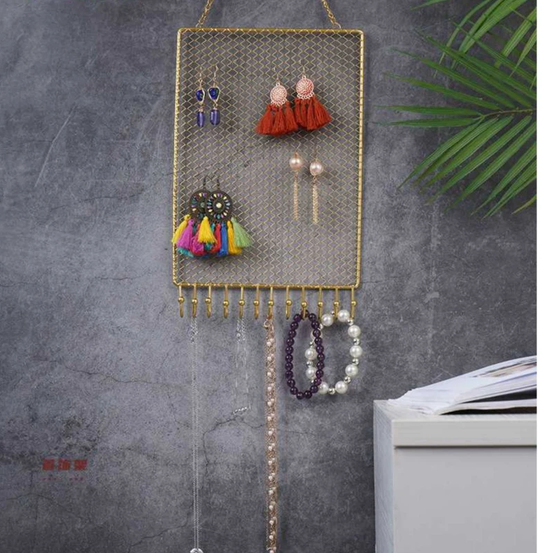 Jewelry Organizer Wall Rack, Grid Style Hanging Display Shelf, Earring and Necklace Holder, Stylish Accessories Storage
