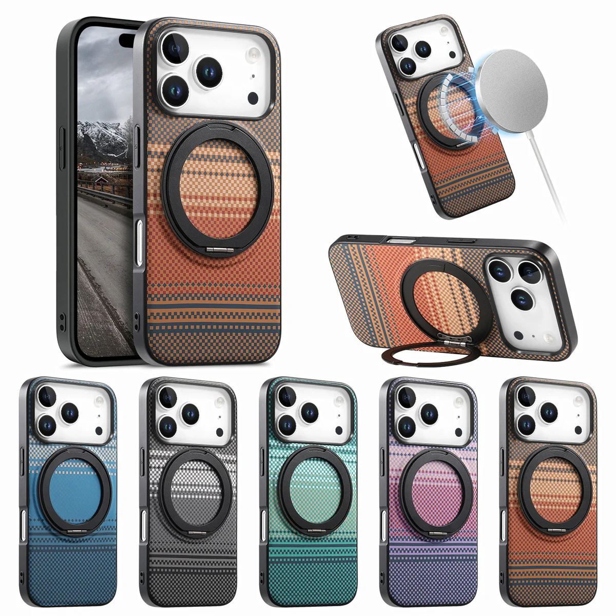 360 Rotating Magnetic Bracket Phone Case with Carbon Fiber Leather Protection