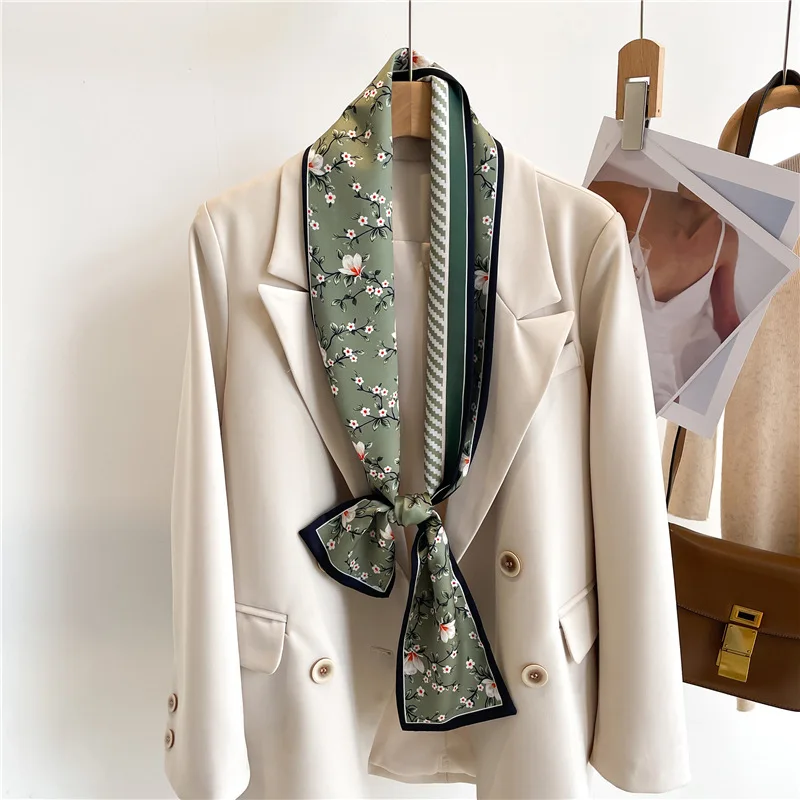 women's silk printed long narrow scarf