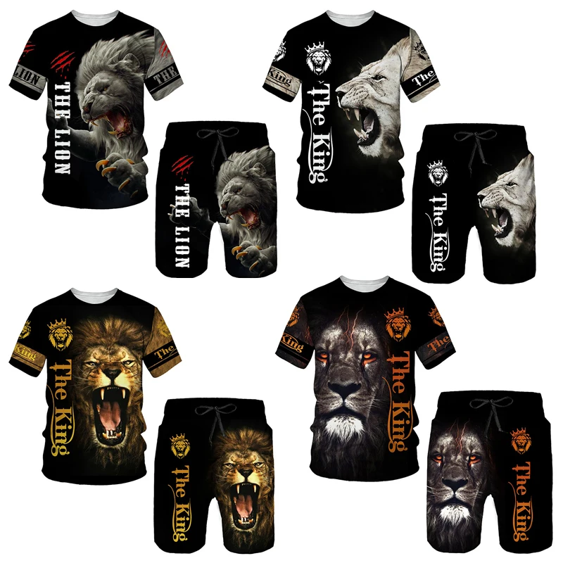 Men's Summer The Lion King Print Tracksuit Animal Pattern T-Shirt+Shorts Set Jogging Suit Male Oversized Outfit Outdoor Clothing belts men leopard pattern luxury brand designer fashion automatic buckle genuine leather gentleman s jeans waist male strap