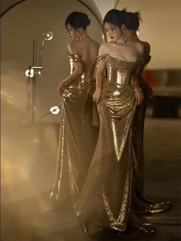 Mauroicardi Spring Autumn Praty Evening Dresses Woman Off Shoulder Backless Elegant Chic Luxury Floor Length Gold Sequin Clothes 1