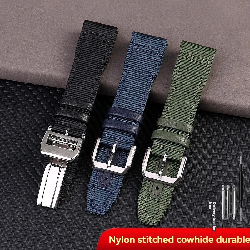20mm 21mm 22mm Nylon canvas watchband watch strap Fabric bracelet black blue cowhide wrist belt for IWC PILOT PORTUGAL PORTOFINO