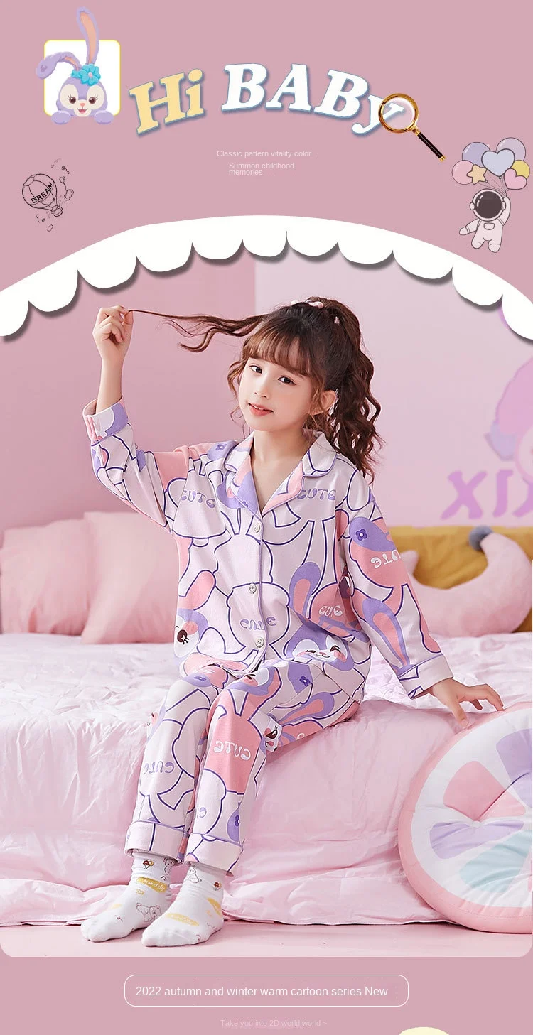 Cute Cartoon Sanrioed Cinnamoroll My Melody Kuromi Children Cotton Pajamas  Set Kawaii Long Sleeve Long Pants Home Wear Kids Gift