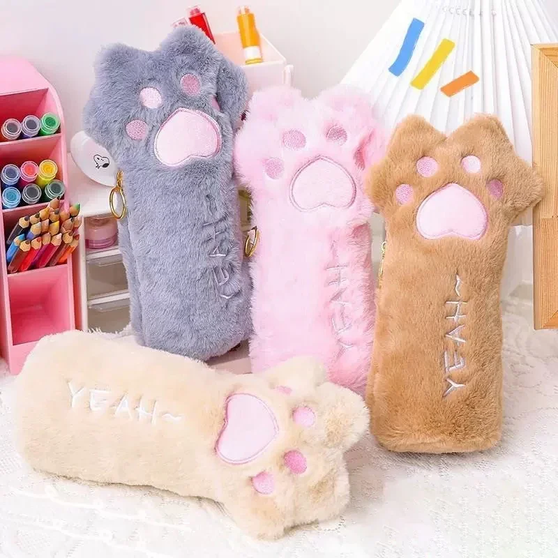 Kawaii 부드러운 고양이 발 연필 가방 대용량 연필 케이스 보관 주머니 지퍼 가방 학교 문구 사무용품으로 돌아 가기