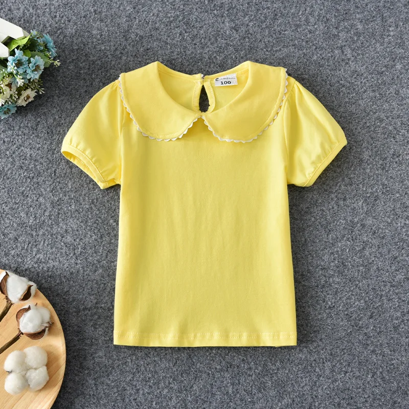 Girls T-shirts Summer Short Sleeve Cotton T shirt Peter Pan Collar Baby Toddler Girl Blouse Shirt Kids Tops Children's Clothes 3