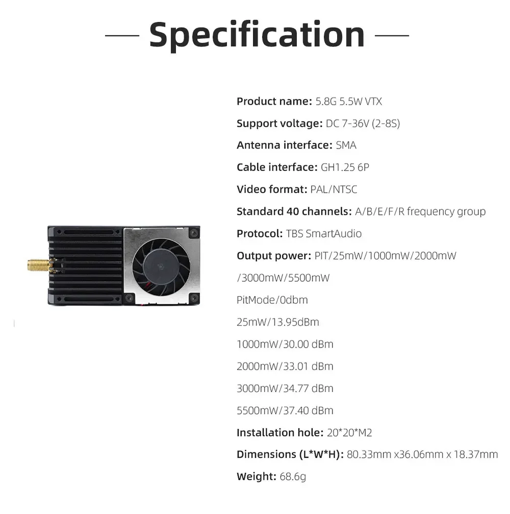 4,9G 5,8G 5,5W High Power VTX Videoübertragung Einstellbare Leistung Luftaufnahmen Reise FPV Drohne VTX – Detail 9