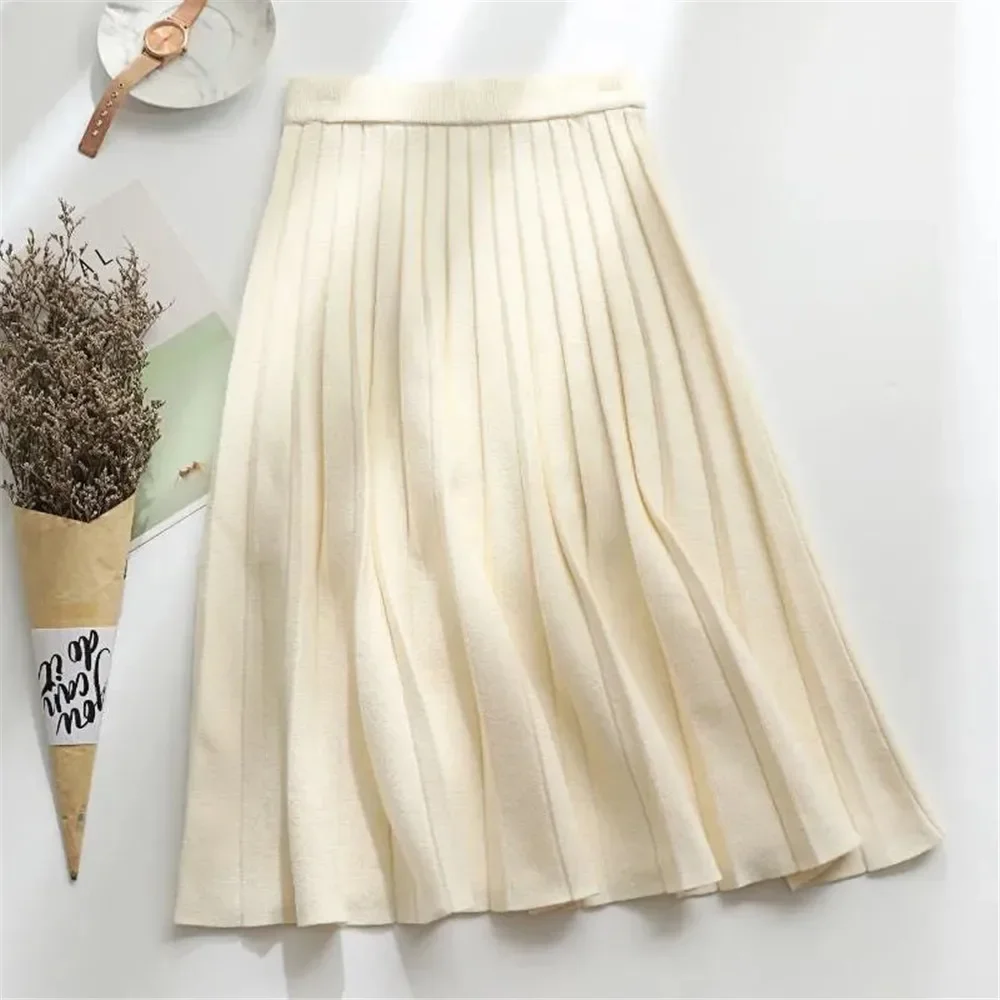

Knitted Midi Skirt Elegant Black A-Line High Waist Pleated Long Korean 2023 Spring Autumn Winter Faldas Femme Jupes R11