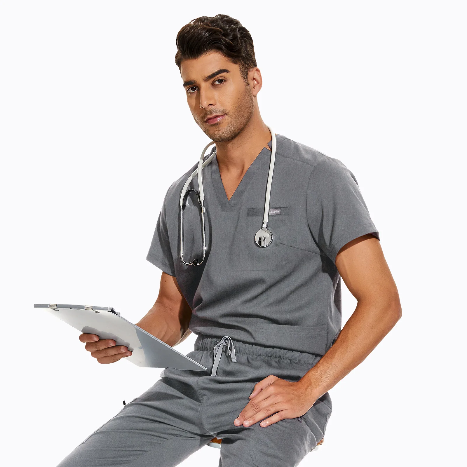 Big size V-neck nurse uniform women short sleeved Scrub set unisex doctor work clothes Clinic dental Beauty Salon Surgical suit