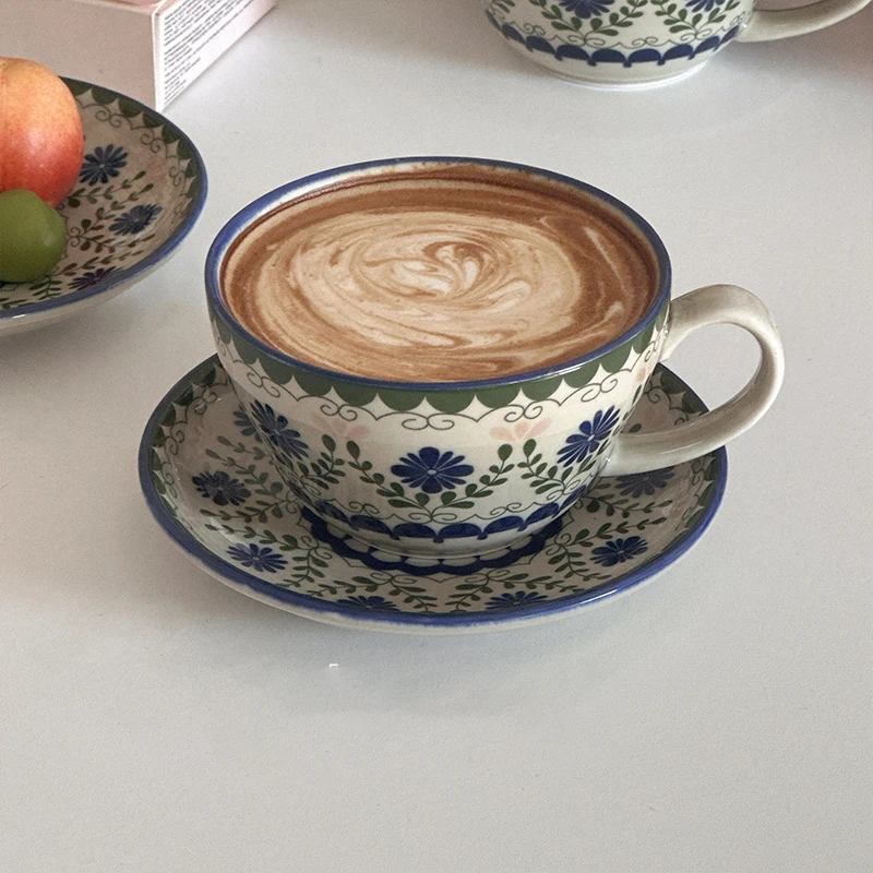 빈티지 Underglaze 컬러 커피 컵과 접시 세트 가정용 꽃 아침 식사 우유 컵..