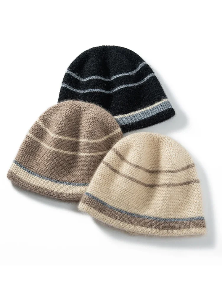 Wool Cashmere Stripes Jacquard Knitted Beanies Double Layers Thick 2023 Women Winter Caps Present Hat Cashmere Warm Bonnet #136 4