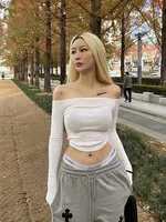 Sexy Slash Neck T Shirt Women Cotton Long Sleeves Cropped Tee Shirt Femme Slim T-shirt Female Black White Tops 2024 - Image 4