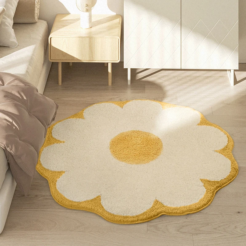 

Round Sunflower Shape Carpets INS Soft Beside Rugs Kids Pets Playground Area Rug Plush Floor Mat for Living Room Bedroom White