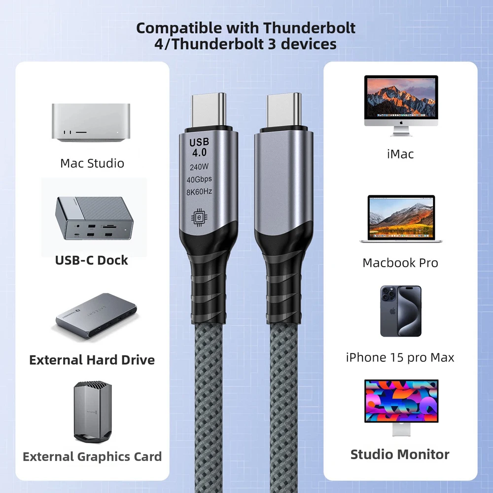 240W E-Marker 칩 USB4 데이터 케이블 40Gbps 8K 60Hz 타입 C 썬더볼트 4 3 고속 충전 케이블 (아이폰 15 16 17 노트북 맥북용)