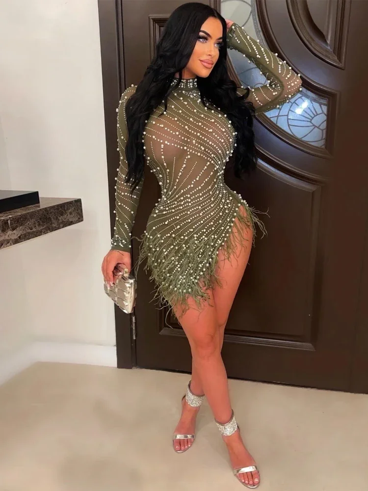 

Luxury 2023 Evening Celebrity Feathers Sheer Mesh Short Dresses for Women Sexy Pearls Rhinestones Party Birthday Vestidos