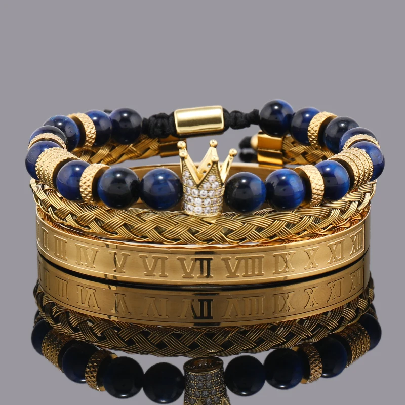 Luxury Set Tiger Stone Beads Crown Charms Man Bracelet Roman Stainless Steel Bangles Women Hand Jewelry Gift