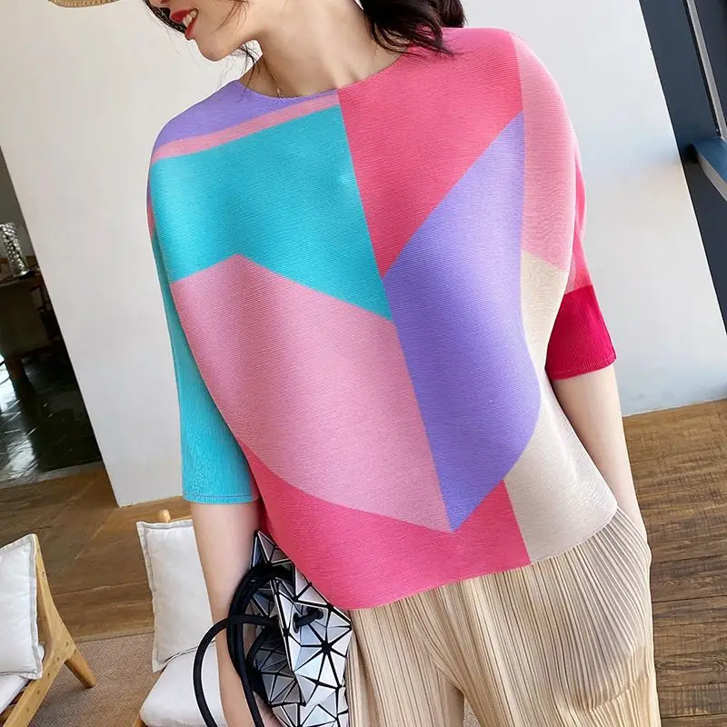 

Colorblock printed bat sleeve pleated t-shirt summer fresh round neck loose casual lady top t-shirts feminist shirt