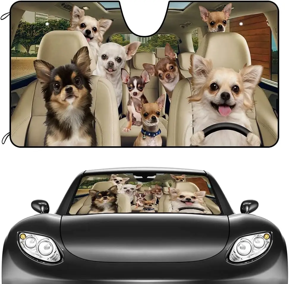 

CafeTime Dog Car Front Windshield Sunshade Cute Chihuahua Puppies Decor Vehicle Sun Shade Visor UV Ray Reflector Sun Protector,