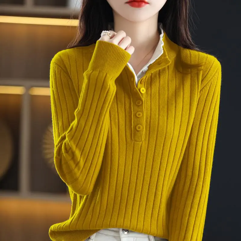 

2023 Autumn Winter New Striped Fake Two Pieces Half High Collar Sweaters Fashion Loose Casual Versatile Women's Long Sleeve Tops