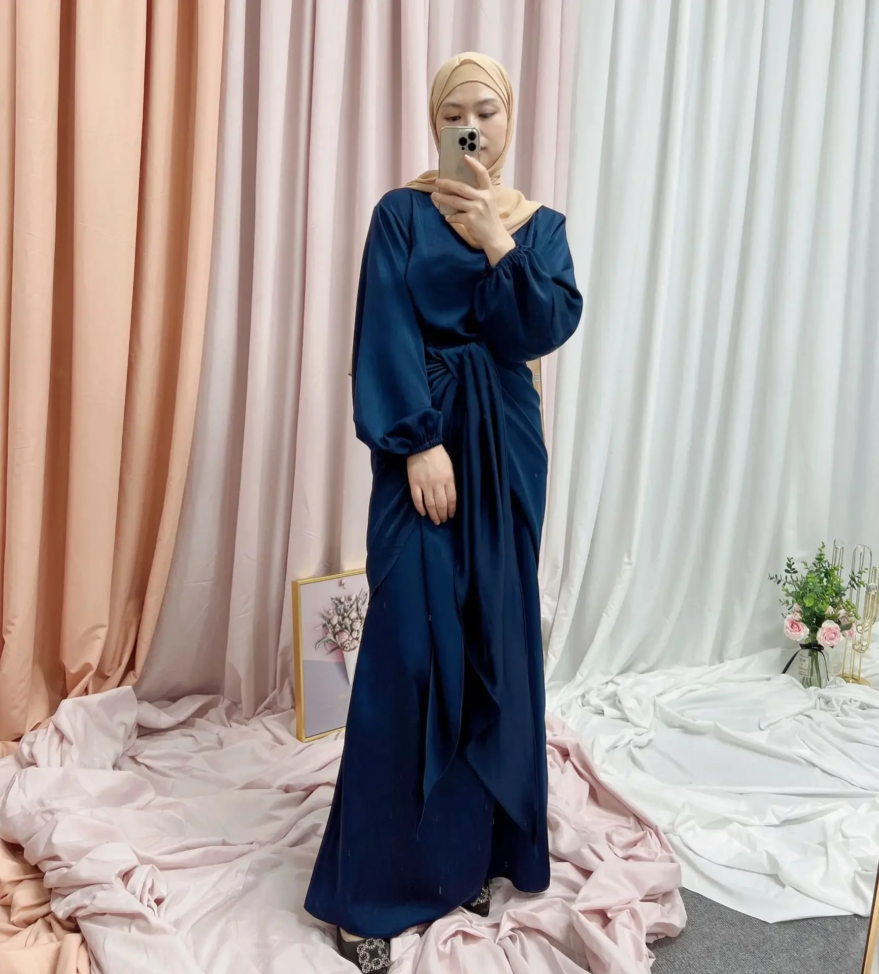 Satin Abaya Under Dress 2 Piece Set Muslim Women Long Inner Robe+Wrap Front Skirt Islamic Clothing Dubai Casual (No Hijab Scarf)