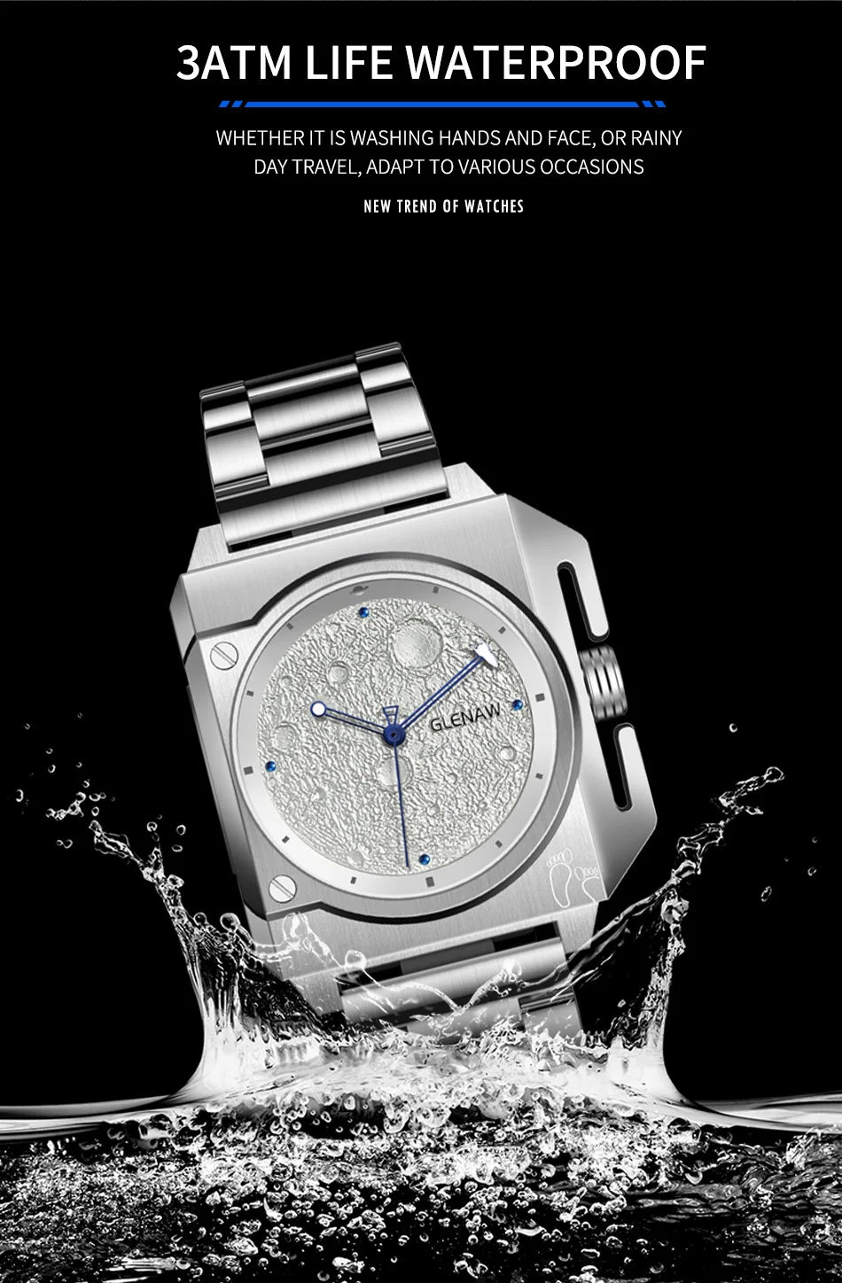 Montre Homme GLENAW Original Brand Design Mechanical Watch Moon Dial Luminous Spaceship Pointer Stainless Steel Watch For Men