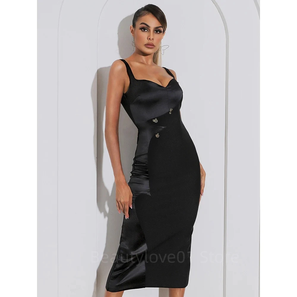 

2024 High Quality Black Sexy V-Neck Spaghetti Strap Sleeveless Patchwork Beading Split Women Evening Party Dress Satin De Soriee